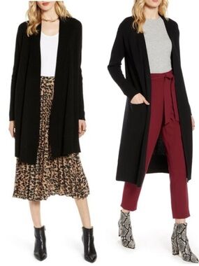 Halogen Nordstrom Black Long Sleeve Open Front Duster Cardigan Cashmere Blend